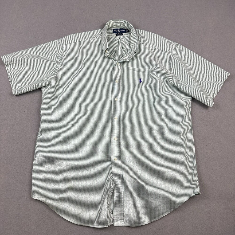 Ralph Lauren Shirt Men Large Green Stripe Blake Fit Short Sleeve Button Up L